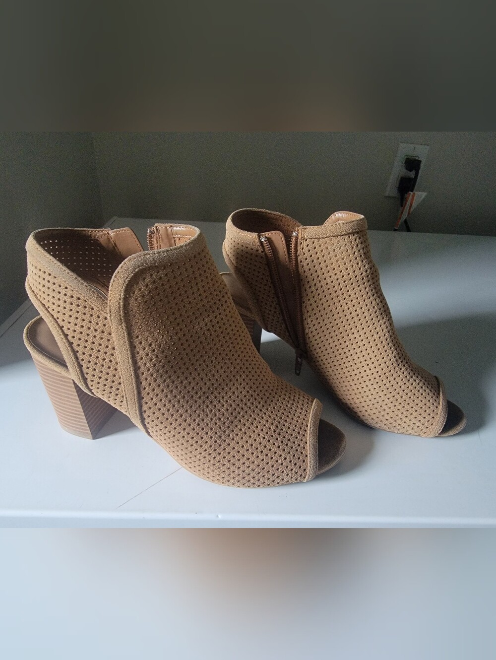 Call It Spring Perforated Peep-Toe Block Heel Booties in Tan